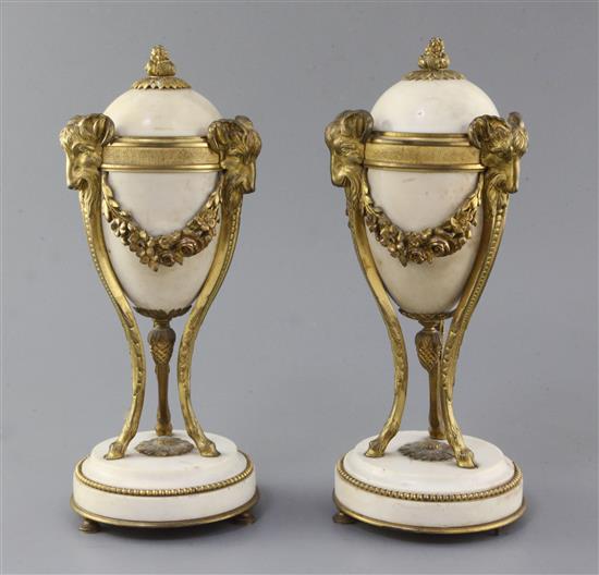 A pair of ormolu mounted white marble cassolets, height 11in.